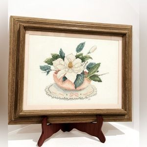 Vintage Gorgeous Sweet Magnolia Blossom Needlepoint. Custom Frame.  (03500)